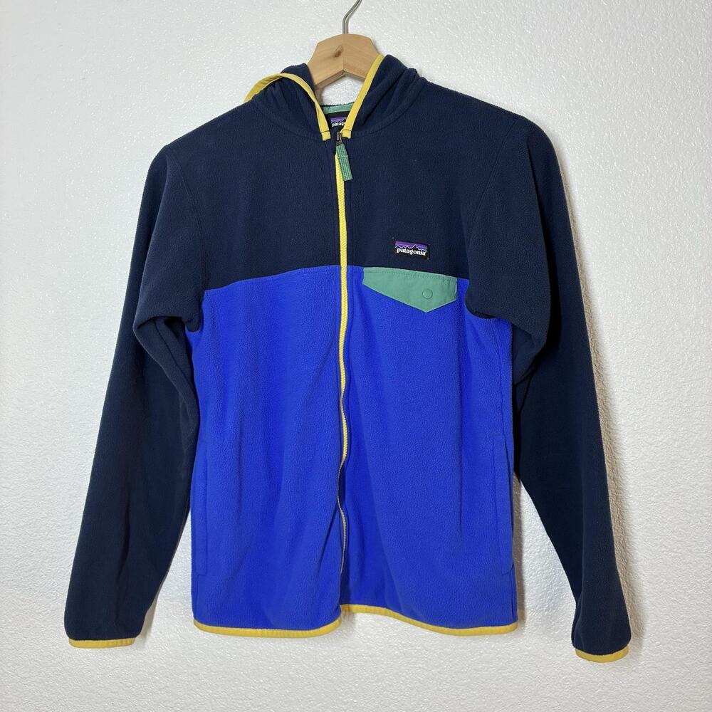 Patagonia Jacket Kids 12 Blue Fleece Hooded Zip Colorblock Hiking Winter